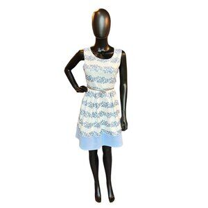 White/Blue Floral Full Skirt Mid-Length Dress